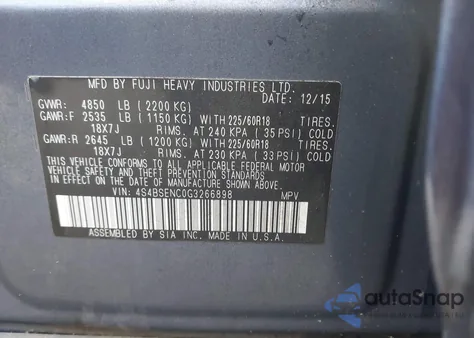 2016 Subaru Outback 3.6R Limited z USA, uszkodzony, nr VIN 4S4BSENC0G3266898